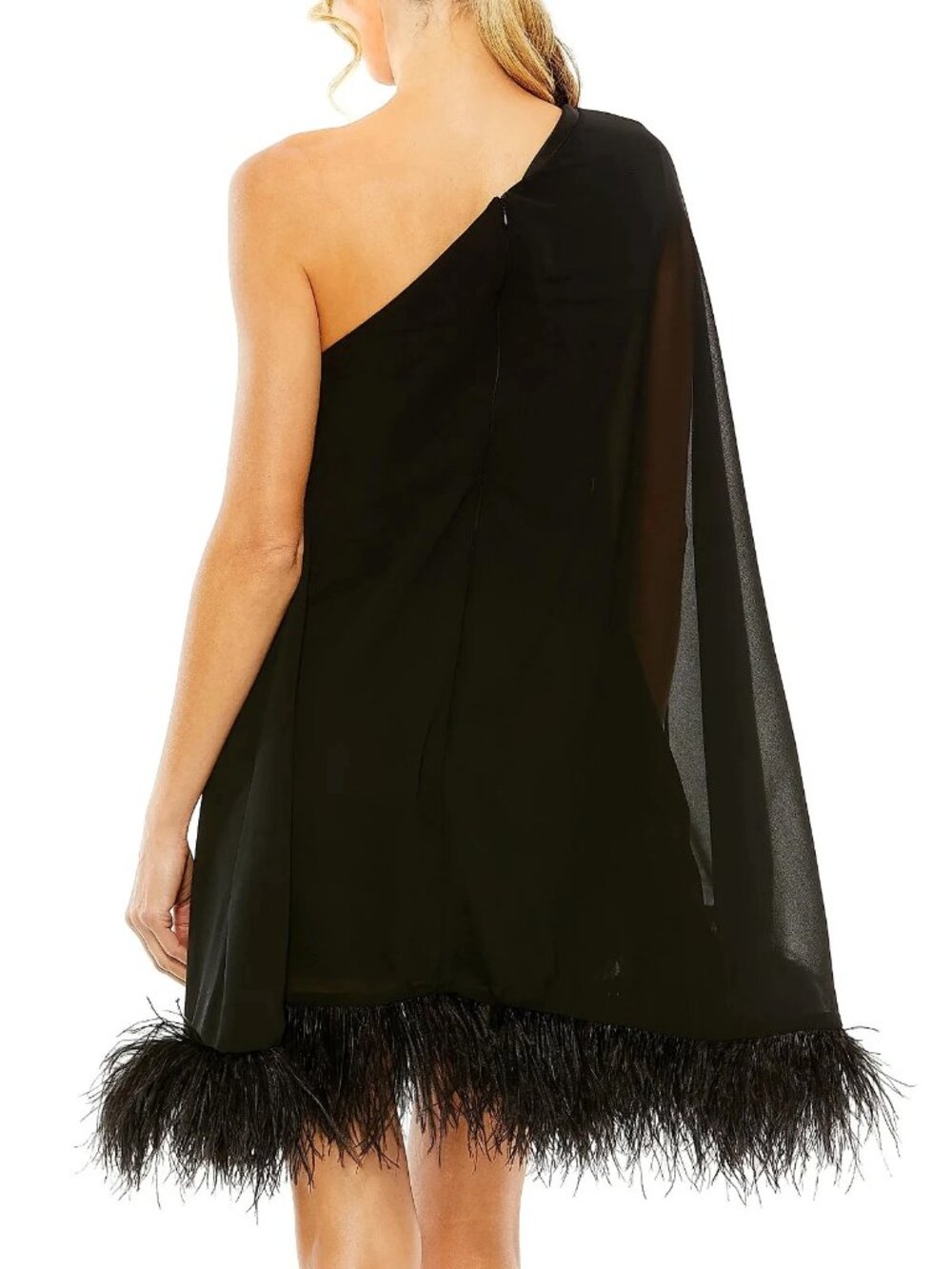 Mac Duggal Black One-Shoulder Trapeze Feather-Trim Mini Dress - Picture 2 of 2